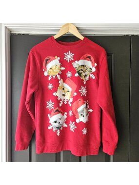 Ugly Christmas Sweater Cats in Santa Hat Womens Medium Sweatshirt Fifth Sun Snow